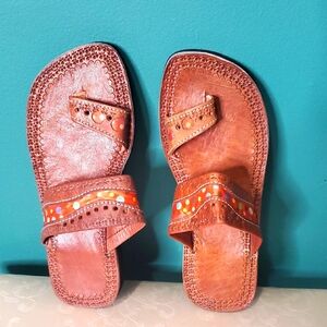 Brown Leather Sandals with Orange Accents Made In Haiti